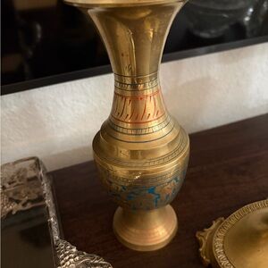 Elegant Brass Vase with Intricate Blue and Red Accents